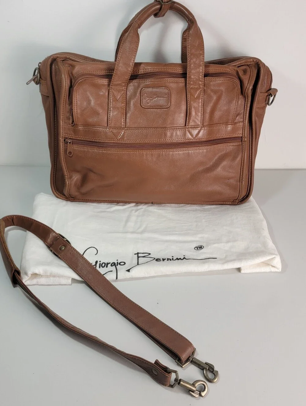 Giorgio Bernini Expandable Messenger Bag Brown Leather Laptop Briefcase-Dust Bag